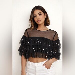 ETA Sheer Black Ruffled Top with Pearls